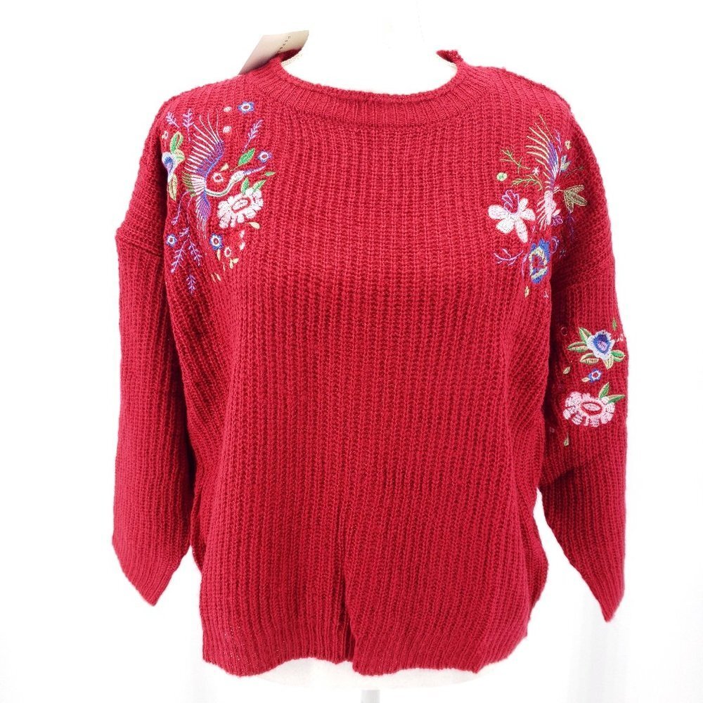 PEPALOVES Embroidered Floral Sweater Oversized Red